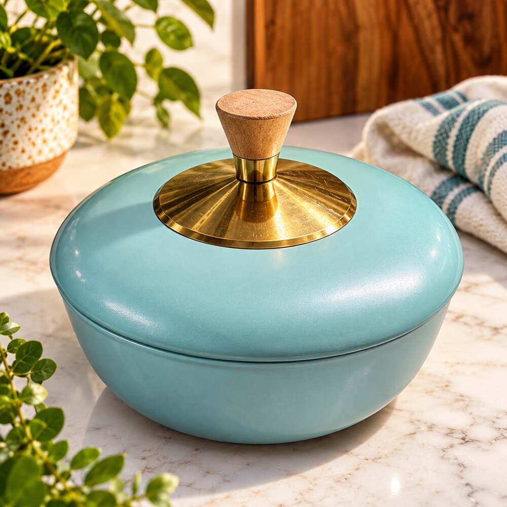 Vintage MCM Turquoise Lidded Serving Bowl Brass Tone Wood Knob Mid Century